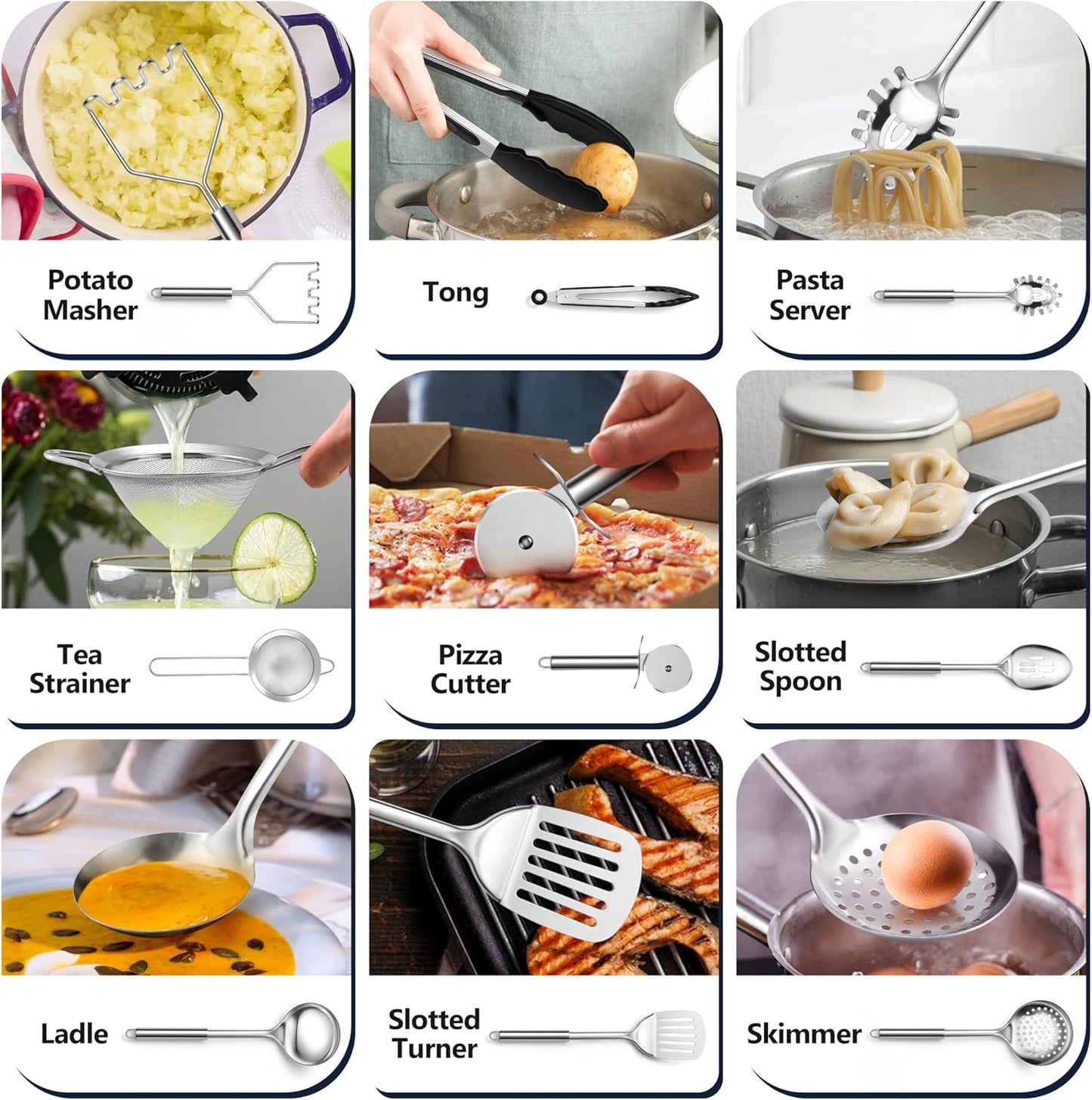 E-far Stainless Steel Kitchen Utensils Set, 39-Piece Cooking Utensils Set with Holder, Non-toxic Metal Heat Resistant Kitchen Gadgets Cookware Tool Spatula Set for Cooking, Dishwasher Safe