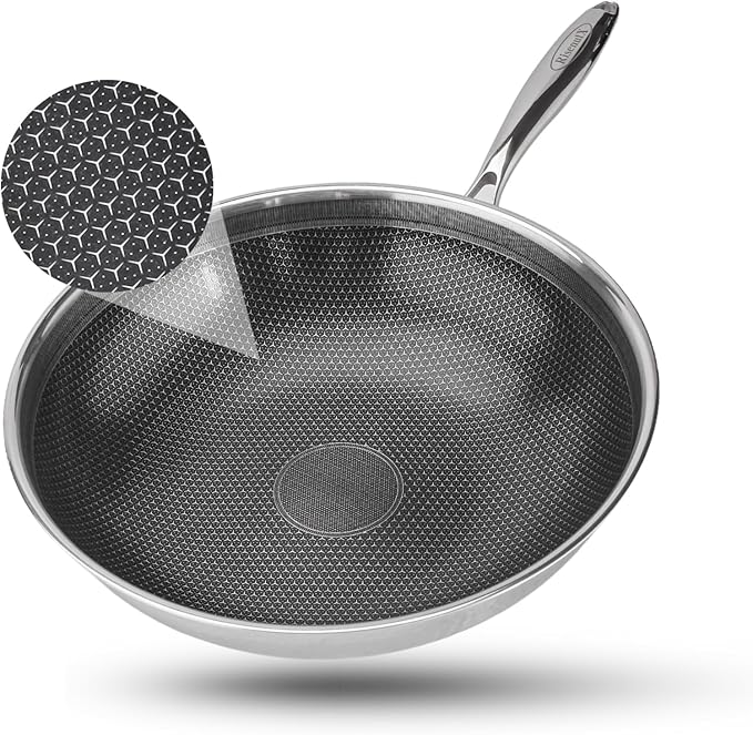Hybrid Non Stick Wok, 12 inch Frying Pans Nonstick, Stainless Steel woks, PFOA Free Cookware, Dishwasher and Oven Safe, Induction Compatible
