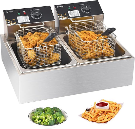 Electric Deep Fryer 17.2L/18.2QT Stainless Steel Dual Tank Commercial Fryer with Basket, 3400W 110V Countertop Deep Fryer for Home Kitchen and Restaurant Use with Oil Thermometer & Temperature Control
