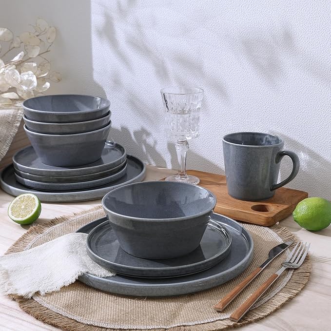 Famiware Plates and Bowls Sets, Annecy Stoneware Dinnerware Sets for 8, 24 Pieces Dish Set, Plate with Lip Edge, Reactive Glaze Tableware - Microwave & Dishwasher Safe, Misty-Blue