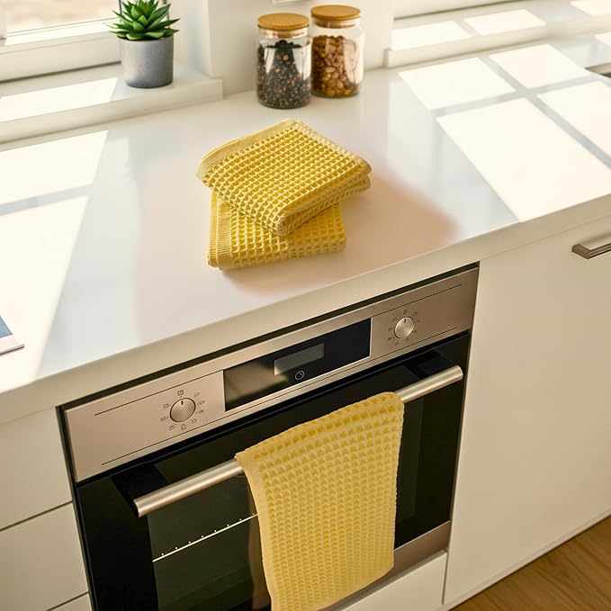 PÜSKÜL Organic Waffle Kitchen Towel 100% Turkish Cotton Set of 3 Yellow - Premium Quality, Soft, Quick-Dry, Absorbent, Lint-Free Hand Towels 32X16 Inches (3, Light Yellow)