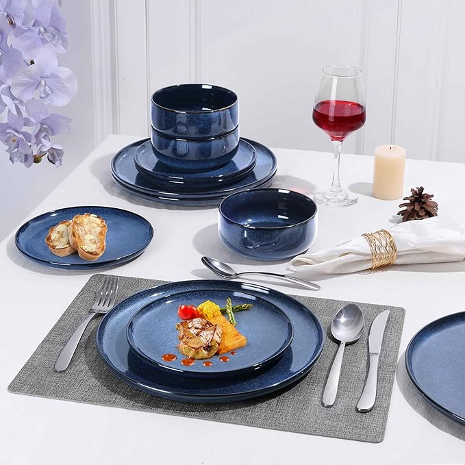 Herogo 12 Pieces Dinnerware Set Stoneware Service for 4, Dinner Plates and Bowls Sets, Double Reactive Glaze Dishes Set for Kitchen, Scratch Resistant, Microwave & Dishwasher Safe, Starry Blue