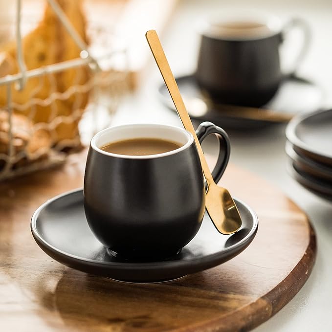 LYEOBOH Espresso Cups and Saucers Set, Ceramic Coffee Cup 3 Ounces Small Demitasse Cups Espresso Mugs with Spoons & Metal Stand for Cappuccino, Latte, Tea, Set of 6, Black