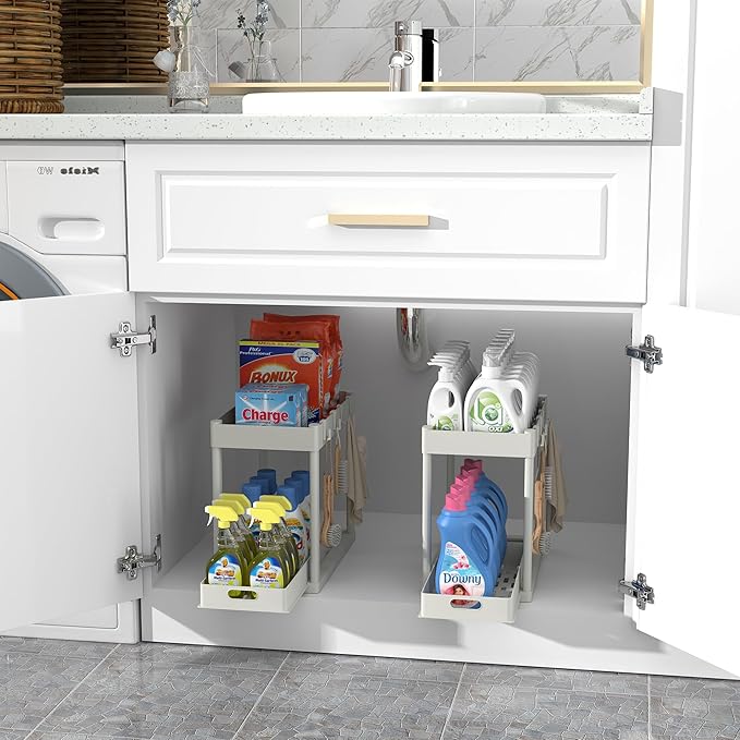 2PC Under Sink Organizer Rack 2 Tier Under Sliding Cabinet Basket Organizer Drawer with 4 Hooks, Multi-purpose Under Sink Storage for Bathroom Kitchen Desktop（White）