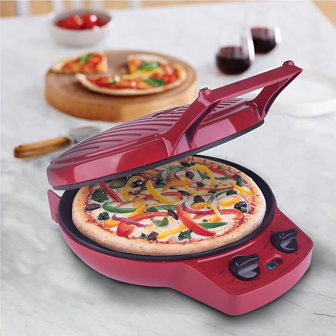 Courant Pizza Maker, 12 Inch Pizza Cooker and Calzone Maker, with Timer &Temperatures control, 1440 Watts Pizza Oven convert to Electric indoor Grill, Red