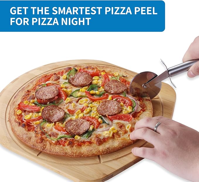 14” Bamboo Pizza Peel - Lightweight Smooth Wooden Pizza Paddle and Pizza Cutting Board with 8 Slice Grooves, Outdoor Pizza Oven Accessories, 21.6 Inch x 14 Inch