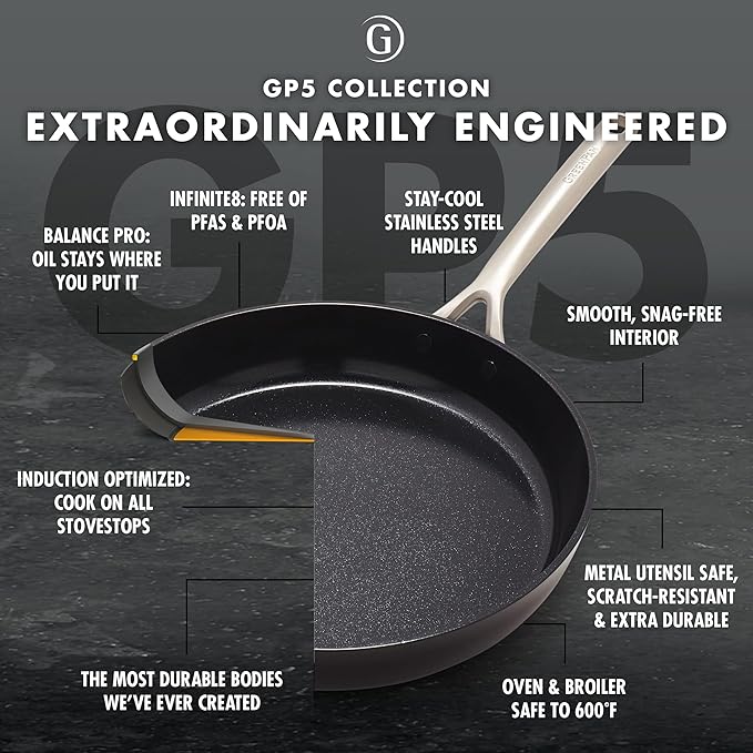 GreenPan GP5 Hard Anodized Healthy Ceramic Nonstick 14 Piece Cookware Pots & Pans Set, Heavy Gauge Scratch Resistant, Stay-Flat-Surface, Induction, Oven Safe, PFAS-Free, Black