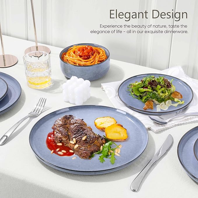 Herogo 24-Piece Stoneware Dinnerware Set for 8, Stackable Dinner Plates and Bowls Sets, Double Reactive Glaze Dishware Place Setting for Kitchen, Scratch Resistant, Microwave Safe, Haze Blue