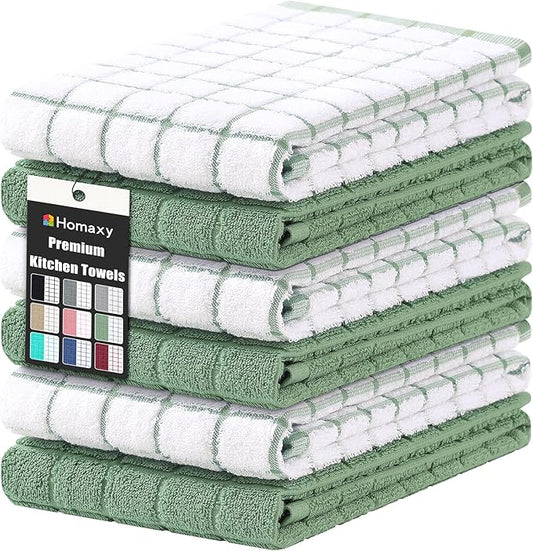 Homaxy Premium Cotton Kitchen Towels 16"x 28", Large Natural Ring Spun 390 GSM Dish Towels, Super Absorbent Terry Kitchen Hand Towels, Soft Tea Towel with Hanging Loop, Grass Green Check, 6 Pack