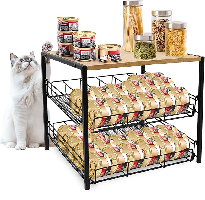 Bamboo & Iron Cat Food Organizer for Pantry, 2-Tier Can Stackable Storage Rack Holds 48 (3oz) Cans, Flat Top for Extra Storage, Automatic Slide-Down Perfect for Pet Food Cans
