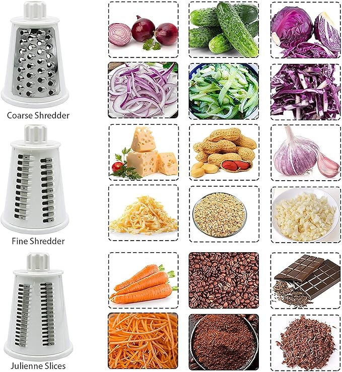 Rotary Cheese Grater Chopper Vegetable Cutter Slicer with Stainless Steel Drum Blades for kitchen, 5 in 1 Manual Round Mandoline Julienne Shredder Potato Grinder for Fruit, Nuts,Onion White