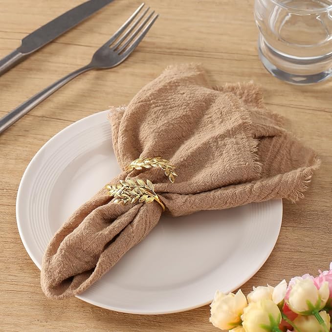 Handmade Cloth Napkins with Fringe, 100% Cotton Napkins, Delicate Handmade Linen Napkins for Dinners, Parties, Weddings and More, 17 x 17 Inch Set of 12 - Brown