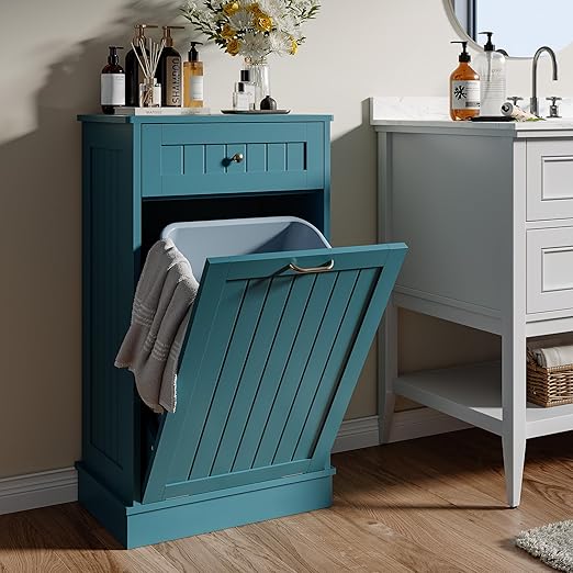 Tilt Out Trash Bin Cabinet Dog Proof Trash Can Holder Kitchen Island Without Garbage Bin or Tilt Out Laundry Hamper (Teal-Blue)
