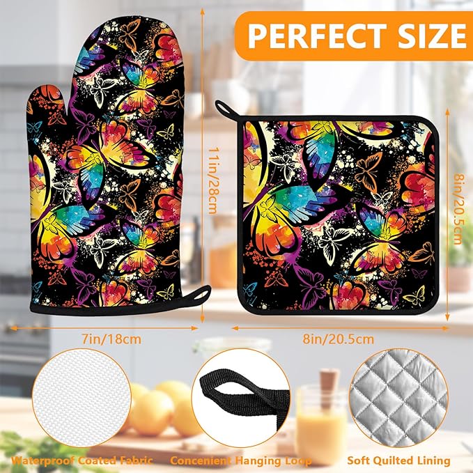 Colorful Butterfly Oven Mitts and Pot Holders Sets 4Pcs,Extra Long Oven Gloves Potholder for Kitchen Cooking Baking BBQ 100% Cotton Heat Resistant