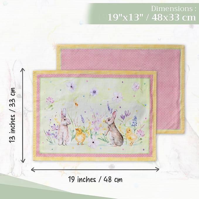 Maison d' Hermine Placemats Set of 4 100% Cotton Washable Cloth Place Mats, Reusable Table Mats for Kitchen Dining Decoration, Party, Wedding, Restaurant Spring/Summer (Easter Zest, 13" x 19")