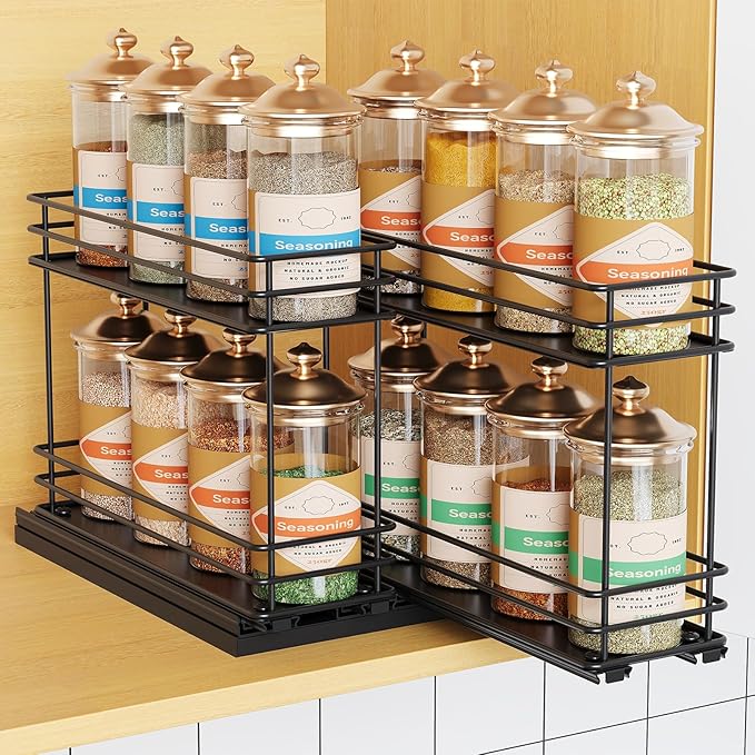 Pull Out Spice Rack Organizer for Cabinet, Slide Out Spice Racks, Easy to Install, 3.0''Wx10.35''Dx8.26''H, 2 Drawers 2 Tiers(Black)