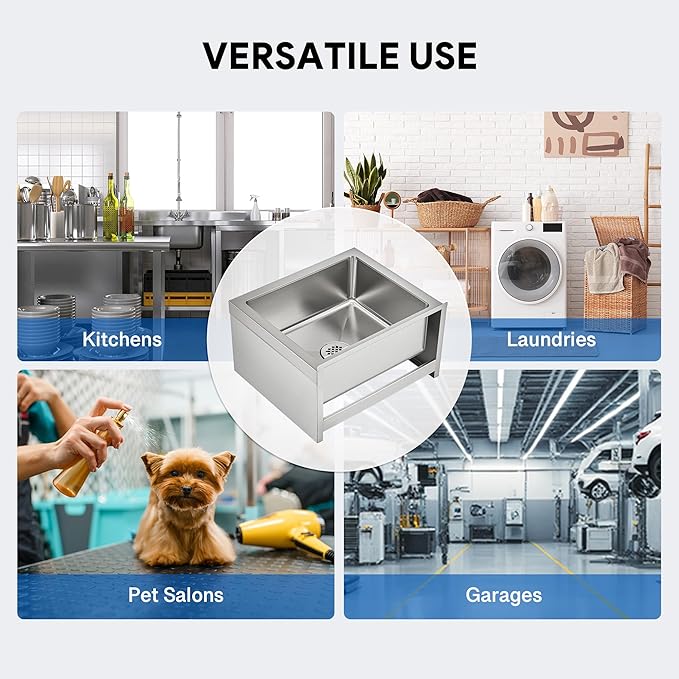WILPREP Commercial Mop Sink, 19x16x8 Inch 304 Stainless Steel Utility Sink with Strainer & X-Shaped Floor Guides for Kitchen Laundry Garage Pet Salon