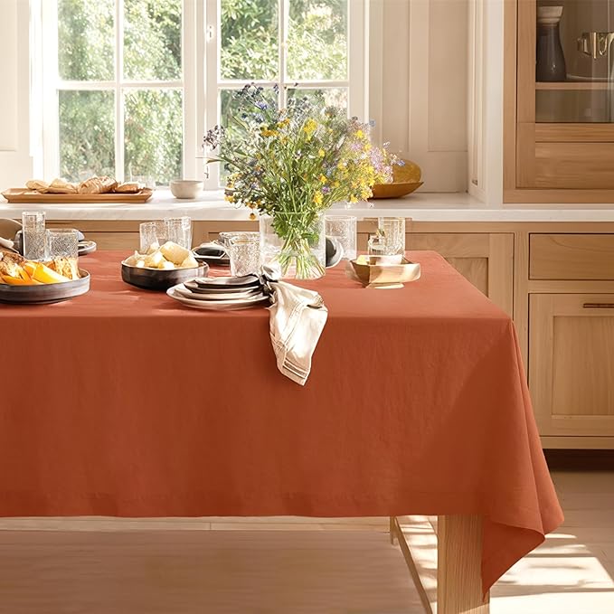 Linen World Fall Linen Tablecloth 90" x 60" Inch,French Linen Washable Rectangular Table Cloth for Dining,Outdoor, Weddings and Restaurants,Decorative Thanksgiving Christmas,Burnt Orange