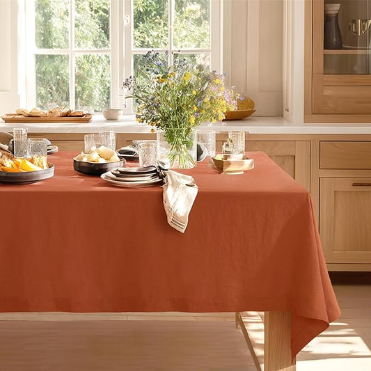Linen World Fall Linen Tablecloth 90" x 60" Inch,French Linen Washable Rectangular Table Cloth for Dining,Outdoor, Weddings and Restaurants,Decorative Thanksgiving Christmas,Burnt Orange