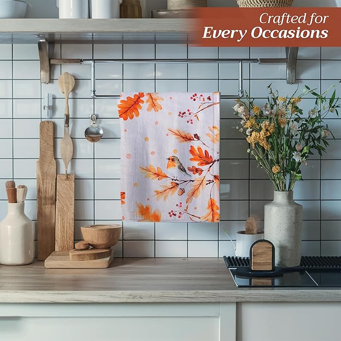 Maison d' Hermine Kitchen Towels Set of 3 100% Cotton 20" x 27.5" Reusable Cloth Tea Dish Towels Absorbent with Hanging Loop for Kitchen Dining Thanksgiving Christmas Decorations (Oak Leaves)