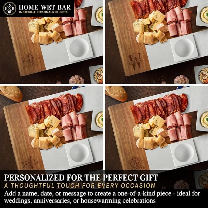 Personalized Charcuterie Board Gift Set | Custom 15.75" x 11.75" White Marble & Acacia Wood Cheese Board with Serving Bowls | Perfect Housewarming + Wedding + Couples Gift Idea