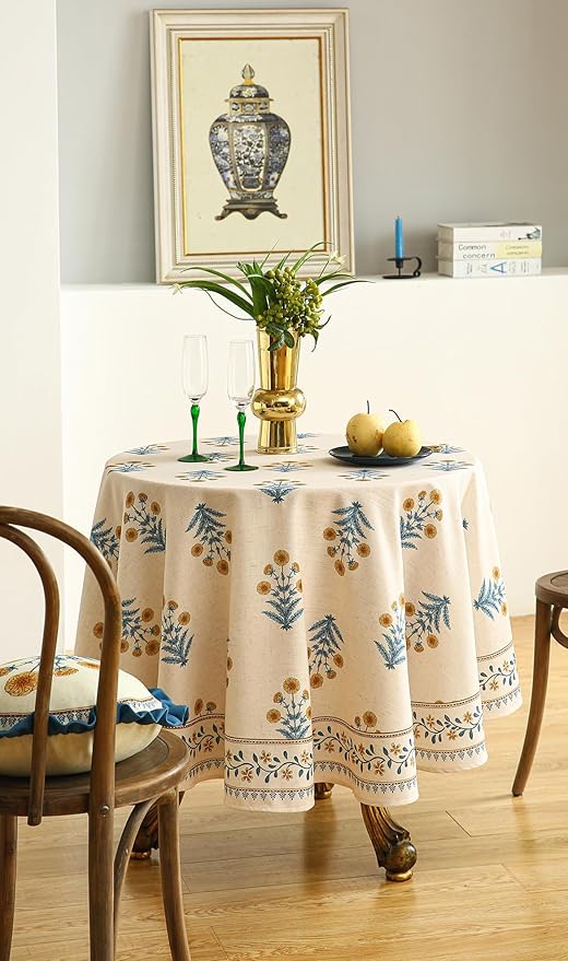 French Tablecloth for Round Tables,Linen Table Cloth with Yellow Flowers and Leavs Pattern,Heavy Durable Table Cover for Dining Thanksgiving Kitchen Decor Party Christmas,Diameter 67"