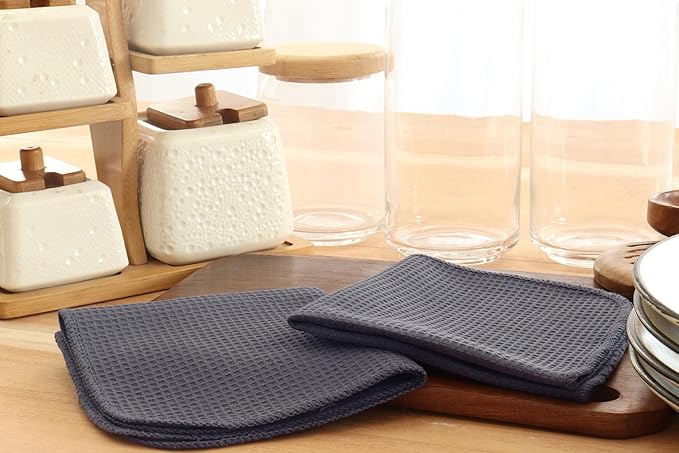 PurpleEssences Dish Cloths and Dish Rags - 8 Pack Waffle Weave Solid Kitchen Dish Wash Cloths, 100% Cotton, 12 x 12 Inches, Ultra Soft Absorbent Quick Drying - Christmas Holiday Winter - Dark Grey