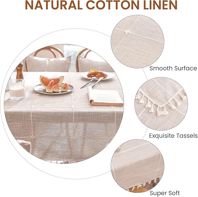 Deep Dream Tablecloths, Embroidered Waterproof Table Cloth Cotton Linen Wrinkle Free Anti-Fading Table Cover Decoration for Kitchen Dinning Party Christmas, 55 x 86 Inch - Light Brown