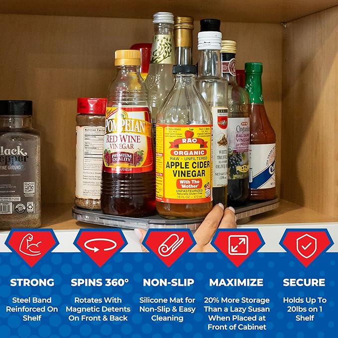 Mighty Susan Sidekick Steel-Reinforced Rotating Cabinet Organizer - Rectangular Turntable for Tall Bottles & Bulk Storage - Holds Up to 30 lbs with Non-Slip Mat - Perfect for Kitchen and Pantry