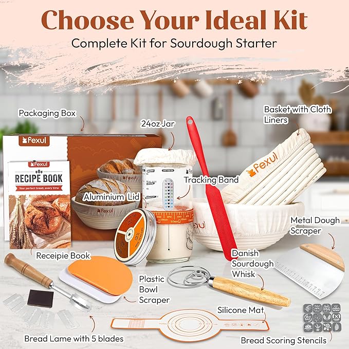 Sourdough Starter Kit with 9” Round & 10” Oval Banneton Bread Proofing Baskets, 24oz Starter Jar, Recipe Book & Tools – Complete Sourdough Bread Baking Supplies with Whisk, Scraper & Accessories