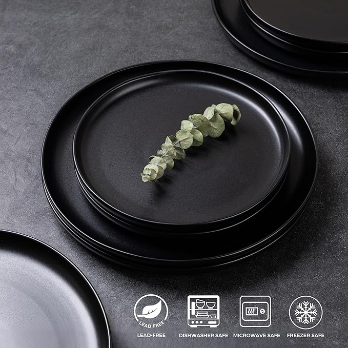AmorArc Ceramic Dinnerware Sets, Wavy Rim Stoneware Plates and Bowls Sets, Highly Chip and Crack Resistant | Dishwasher & Microwave & Oven Safe Dishes set, Service for 4 (12pc)-Matte Black