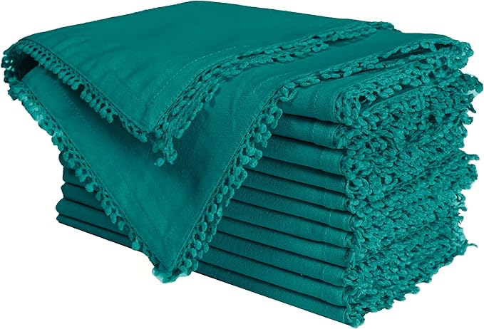 Bedding Craft Cotton Cloth Dinner Napkins Set of 12 – 18x18 Funfare with Decorative Lace Selvedge – Elegant Machine Washable Fabric Napkins for Weddings, Baby Showers, Parties & Dining