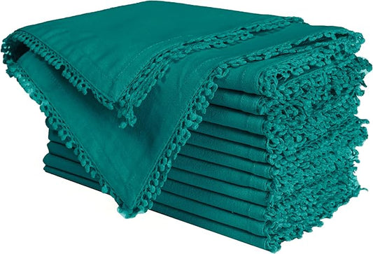 Bedding Craft Cotton Cloth Dinner Napkins Set of 12 – 18x18 Funfare with Decorative Lace Selvedge – Elegant Machine Washable Fabric Napkins for Weddings, Baby Showers, Parties & Dining