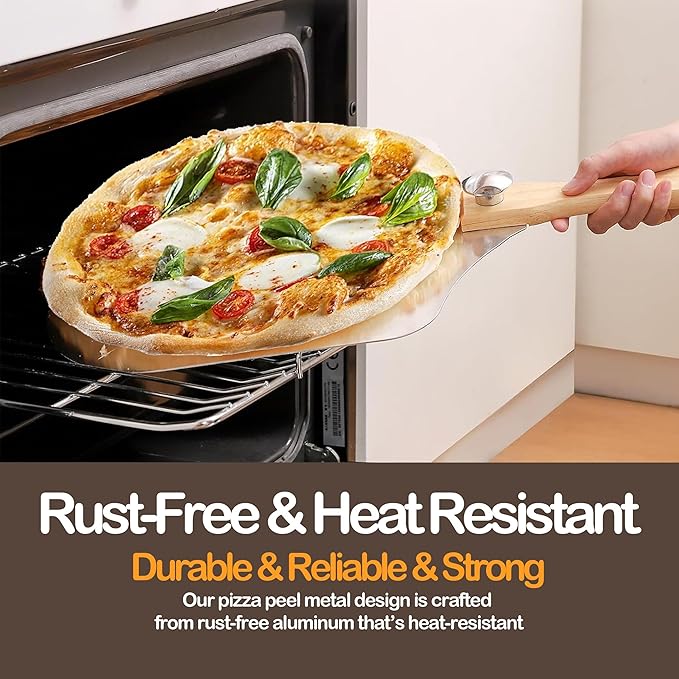 Aluminum Metal Pizza Peel 16 Inch, Extra Large Pizza Paddle (14"X 16") With 14’’ Pizza Cutter Rocker & 10” Pizza Server, Pizza Spatula Paddle With Foldable Wooden Handle For Easy Storage