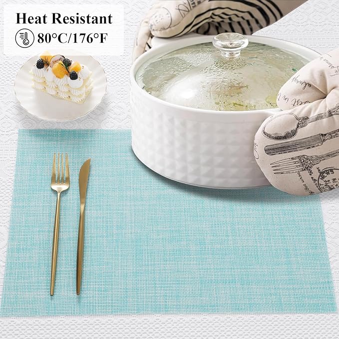 SHACOS Placemats Set of 4 Woven Vinyl Place Mats Wipeable Heat Resistant Washable Plastic Table Mats Indoor Outdoor, Blue