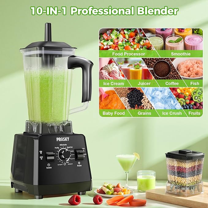 Blender for smoothies, PRASKY 1000W Blenders for Kitchen, 25,000 RPM Powerful Blender 68oz BPA-Free Juicer and Grinder with To-Go Gym Bottle, Countertop Blenders for Ice Crushing, Shakes, Fruits