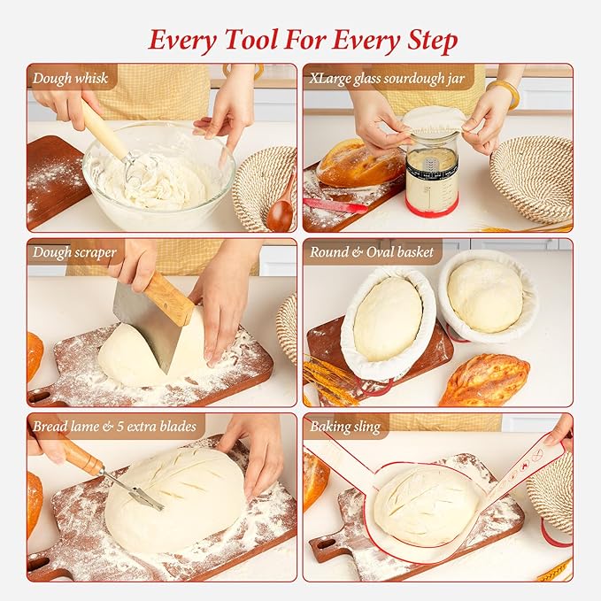 Sourdough Starter Kit - Round & Oval Cotton Rope Banneton Bread Proofing Basket Set, 34oz Sourdough Starter Jar & Bread Making Tools Kit, Sourdough Bread Baking Supplies, Red