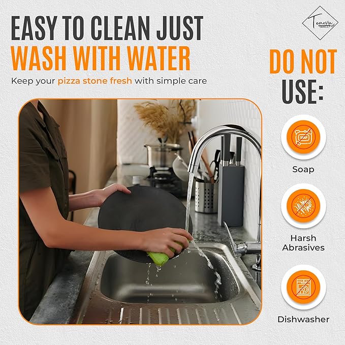 Tenovu Supply 6 Piece Pizza Stone for Oven and Grill with 13" Black Cordierite Stone, Metal Holder/Rack, Stainless Steel Peel, Dough Cutter, Cutter Rocker, and Server - Pizza Oven Accessories