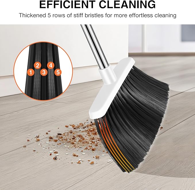 NACENA Broom and Dustpan Set, 52-in Long Adjustable Handle Broom Dustpan Combo with Dustpan Teeth to Automatically Clean Hair Suitable for Home Kitchen Office Hall Floor (Grey&White), 4 Pack
