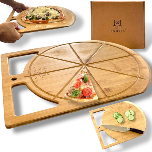 2-in-1 Wooden Pizza Peel & Bamboo Cutting Board | Dual Grip Pizza Paddle Board for Baking, Pizza Spatula & Large Cutting Board for Pizza | Pizza Turning Peel for Baking Accessories, 17" X 13.5"'