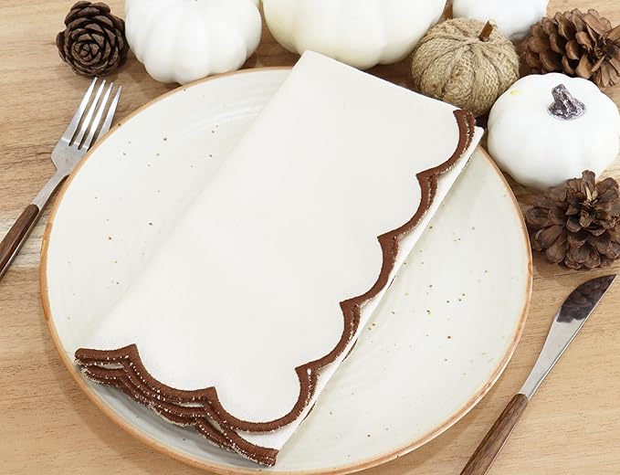 PurpleEssences Scalloped Embroidery Cloth Napkins Christmas Holiday Winter Table Decor 100% Cotton Set of 4-18 x 18 inch - Beige - Edges - Brown