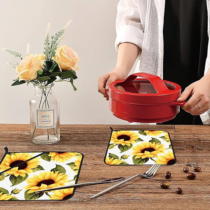 Groovy Sunflower Pot Holders Set of 2 Kitchen Heat Resistant Potholders for Microwave Cooking Baking Oven End Dishes and BBQ Gifts for Women