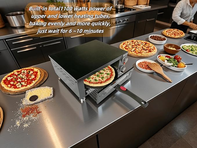 12 Inch Electric Pizza Oven Indoor, Countertop Pizza Oven with Visual Window, Commercial Pizza Maker with Removable Handle, Stainless Steel Pizza Cooker (Black)