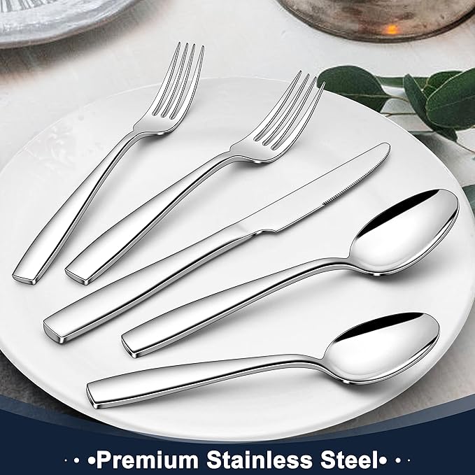 Herogo Heavy Duty Stainless Steel Silverware Set, 60-Piece Heavy Weight Flatware Cutlery Set for 12, Modern Tableware Eating Utensils for Home Hotel Wedding, Dishwasher Safe, Mirror Polished