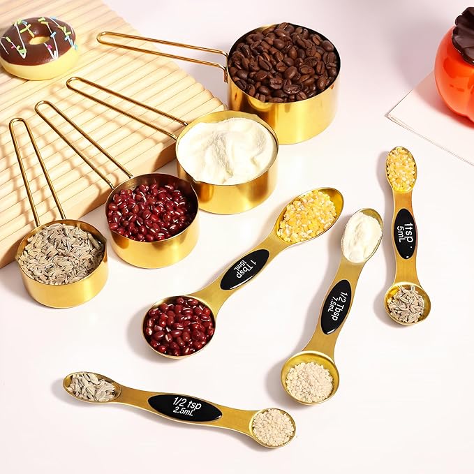 13pcs Gold Stainless Steel Measuring Cups and Spoons Set, Including 8 Double-Sided Magnetic Measuring Spoons Set & 1 Leveler, 4 Metal Measuring Cups, Kitchen Accessroies for Cooking & Baking