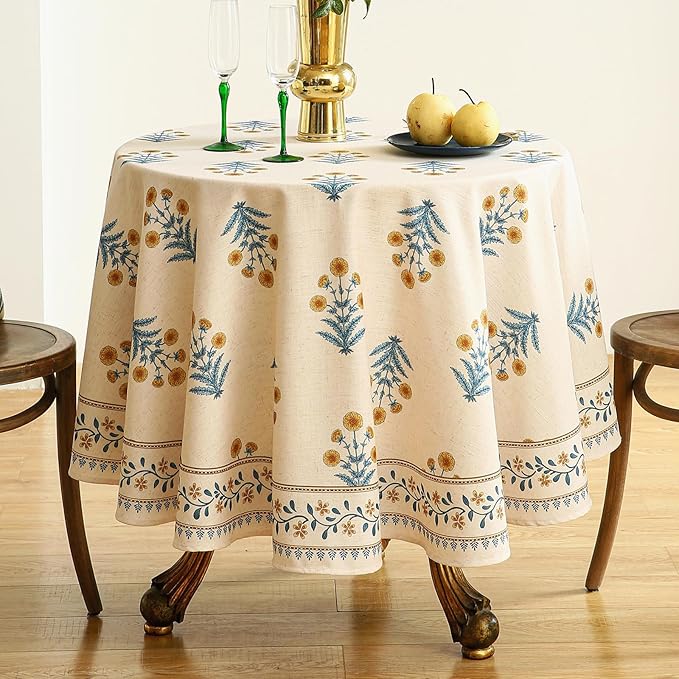French Tablecloth for Round Tables,Linen Table Cloth with Yellow Flowers and Leavs Pattern,Heavy Durable Table Cover for Dining Thanksgiving Kitchen Decor Party Christmas,Diameter 55"