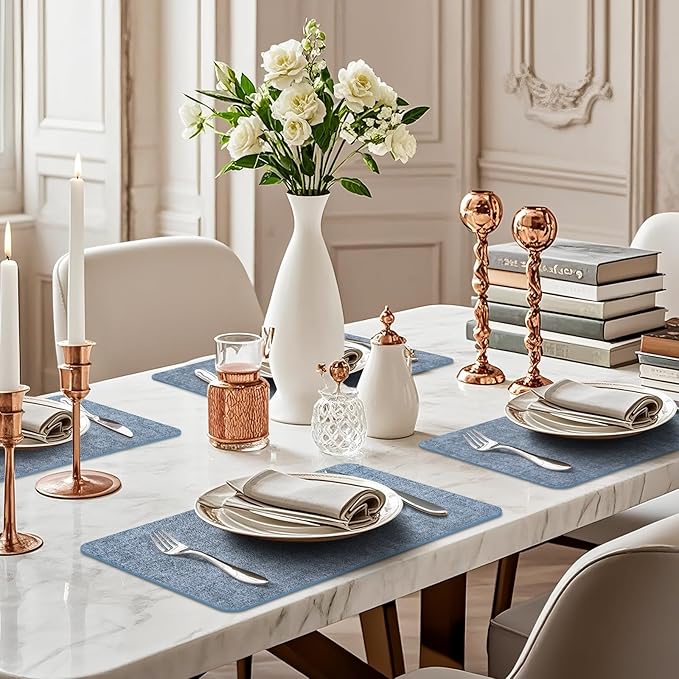 Vinly Placemats Set of 6 - Waterproof Wipeable Faux Leather Table Place Mats Heat Resistant Anti Slip Table Mats for Dining, Indoor, Outdoor, 15.8" x 11.8" (Blue,)