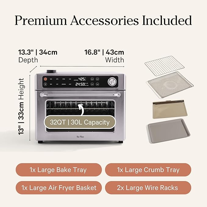 Our Place Large Wonder Oven Pro | 8-in-1 Digital Countertop Oven with Large 32Qt quarts | Non-toxic, Fast Quartz Heating | Air Fry, Toast, Roast, Bake, Broil, Reheat & Dehydrate | Stainless Steel