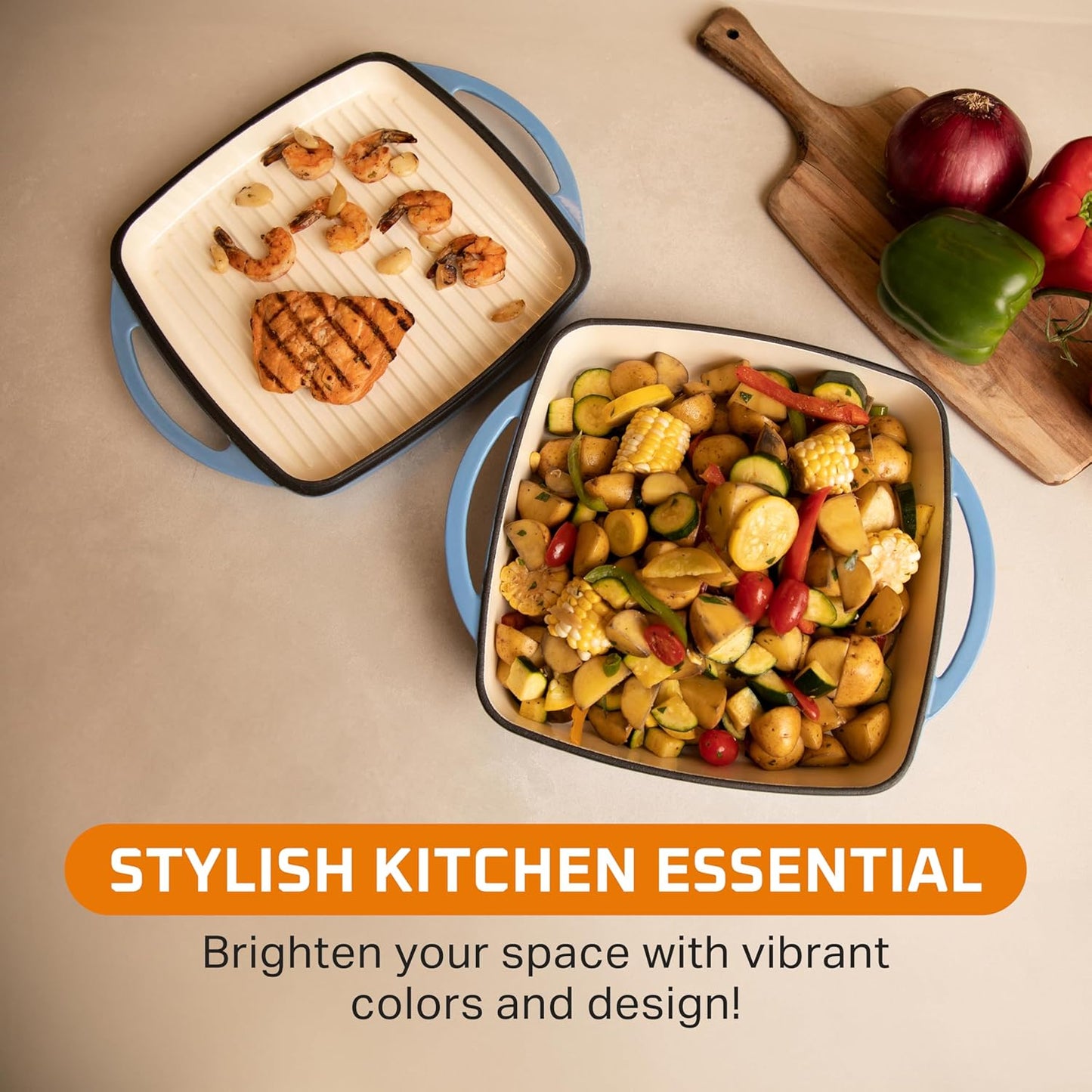 Bruntmor 2-in-1 Pre-Seasoned Square Cast Iron Dutch Oven with Dual Handles, Non Stick Pan with Grill, All-in-One Cookware Set, Cast Iron Casserole Dish with Lid for Braising Dishes,Whale Blue