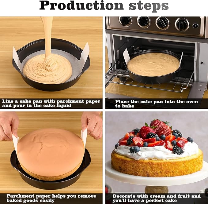 HUAKENER 8 Inch Cake Pan - Set of 3 Round Cake Pans with 100 Pieces Parchment Paper, Non-stick Cake Baking Pans with Handle, Dishwasher Safe